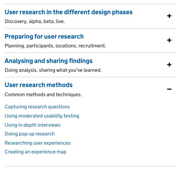 Screen shot of part of the main user research in the service manual
